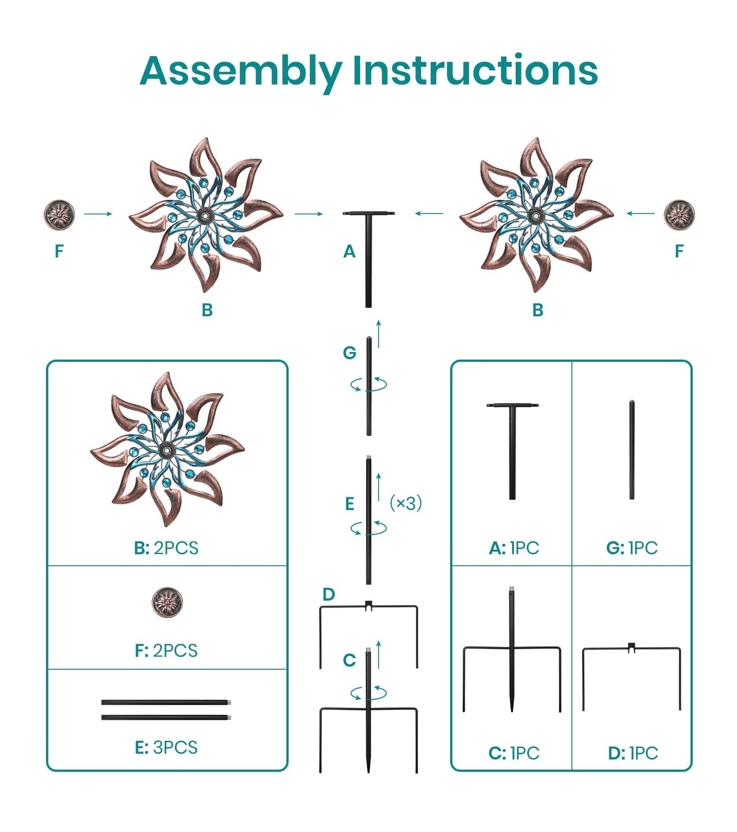 VUFOZ 360° Garden Wind Spinner for Outdoor Yard Art – W13xH64 Kinetic Windmill for Garden, Lawn, and Patio – Dahlia-Inspired Copper and Teal Wind Spinners Outdoor Decorative Yard Art
