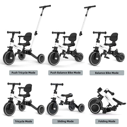 XJD Toddler Bike, 6 in 1 Folding Toddler Tricycle for 1-4 Year Old with Parental Control Handle, Balance Bike with Removable Pedal, Backrest, Adjustable Seat Height, First Birthday Gifts (White)