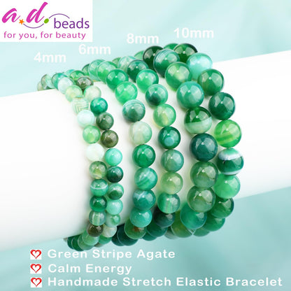 AD Beads 6mm Handmade Green Stripe Agate Elastic Bracelet – Natural Gemstone for Calm energy – Meditation, Yoga, Healing and Energy Gift for Men Women