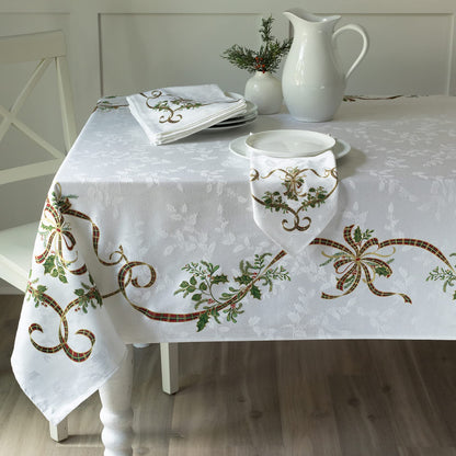 Benson Mills Heavyweight Engineered Printed Jacquard Fabric Christmas Table Cloth, for Holiday, Winter, and Christmas Tablecloth (Merry Ribbons, 60" x 104" Rectangular)