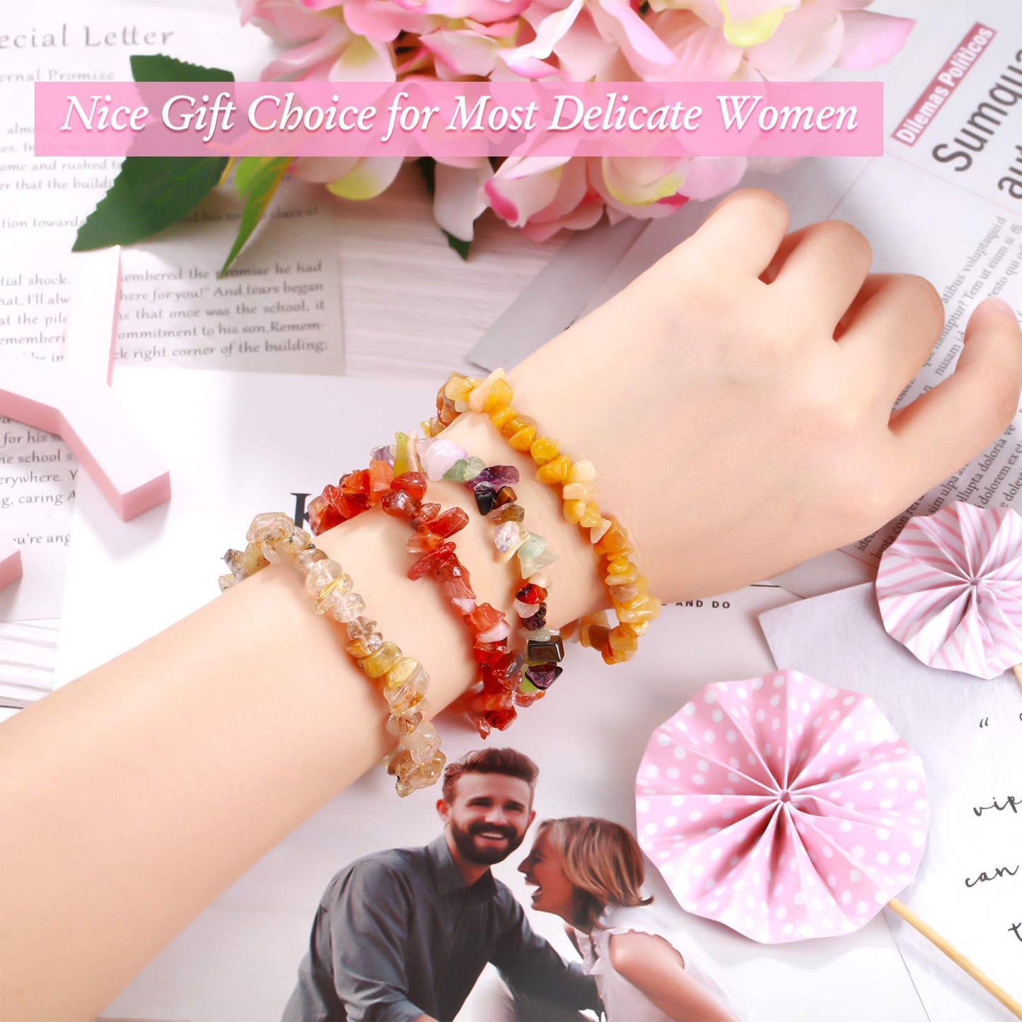 Hicarer 20 Pieces Crystal Stretch Chip Bracelets Bulk Natural Gemstone Chakra Bracelets for Women Reiki Yoga Anxiety(Classic Style)