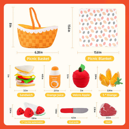 Jollybaby Soft Picnic Basket Cutting Play Food Toys for Baby 6-12-36 Months, Montessori Sensory Felt Fake Food Toy for Toddler 1-3, Birthday Gifts for 1 Year Old Boys and Girls