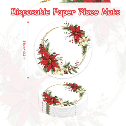 50 Pack Christmas Paper Placemats 13.7 Inch Xmas Poinsettia Disposable Round Place Mats Winter Red Green Table Mats for Holiday Christmas New Years Party Home Dinner Table Setting