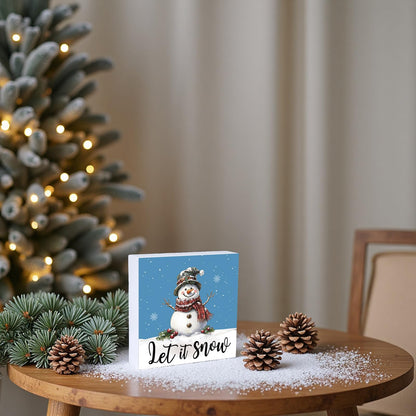 Winter Decorations Indoor Winter Decor Home Room Let It Snow Snowman Office Bathroom Table Wood Box Sign Rustic Wooden Shelf Desk Decor Season Sign House Warming Gifts 5.9 x 5.9 Inch