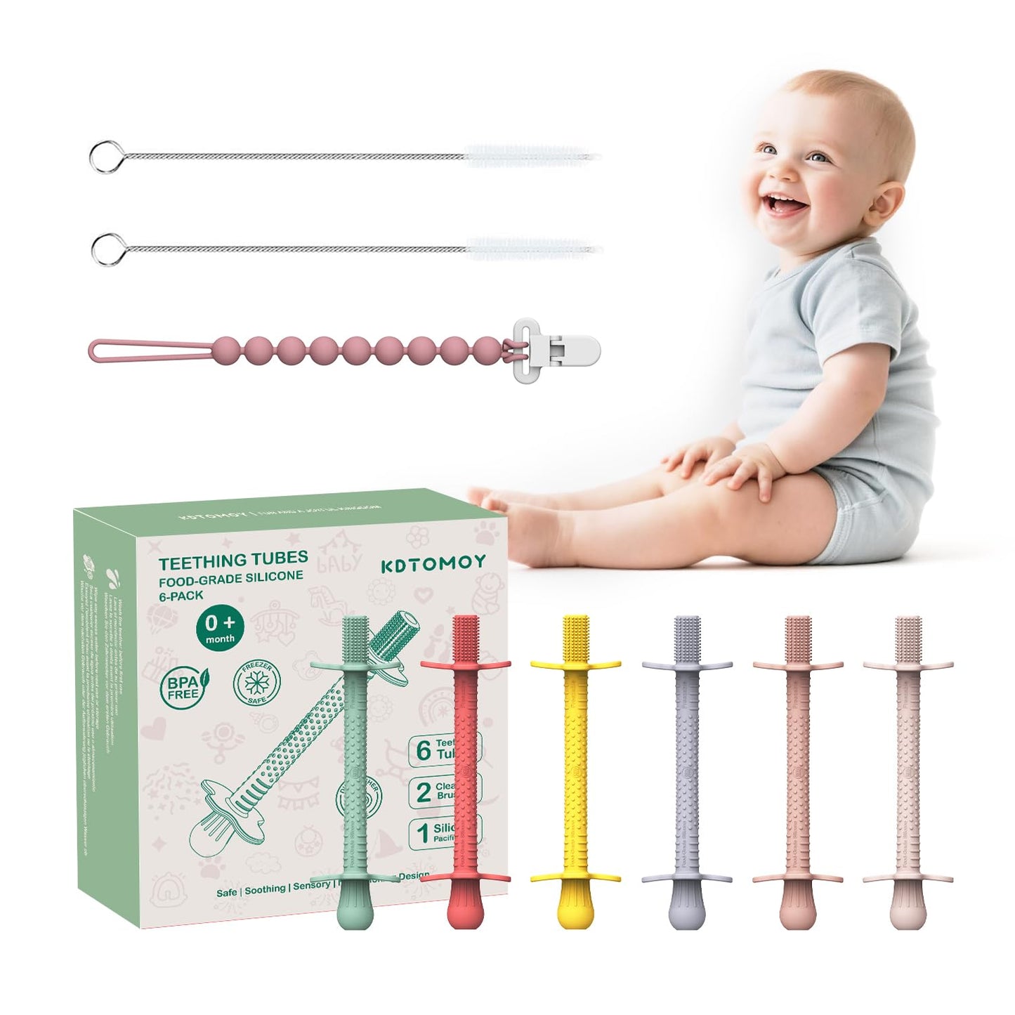 6-Pack Silicone Teething Tubes for Babies 6-12 Months, BPA-Free Non-Choking Teether Sticks Toys, Teething Relief Chew Straws for Infants & Toddlers, Baby Gifts (Rose Pink Lavender Mint Yellow Red)