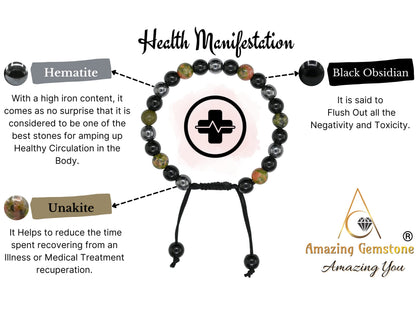 Amazing Gemstone Health Bracelet - Unakite Black Obsidian Hematite Bracelet Set for Men Women Healing Calming Anxiety Stress Relief Gifts Pulseras Para Hombres Mujer Stocking Stuffers (Adjustable)