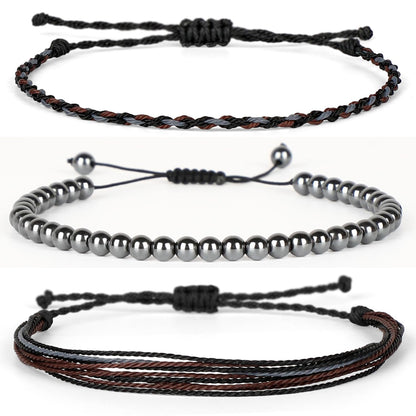 QOGIR Handmade Healing Bracelets,4mm Natural Hematite Gem Stone Beads Bracelet,for Men Women Gifts with 2PCS Size Adjustable Rope Bracelets