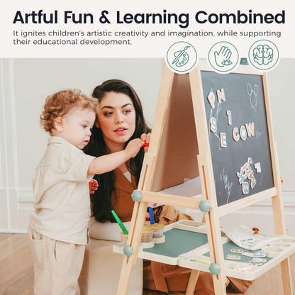 Tiny Land Easel for Kids, Double-Sided Magnetic Easel with Drawing Accessories, Adjustable Wooden Kids Art Easel with Paper Roll, Learning-Toy for 3,4,5,6,7,8 Years Old Boy & Girls Green