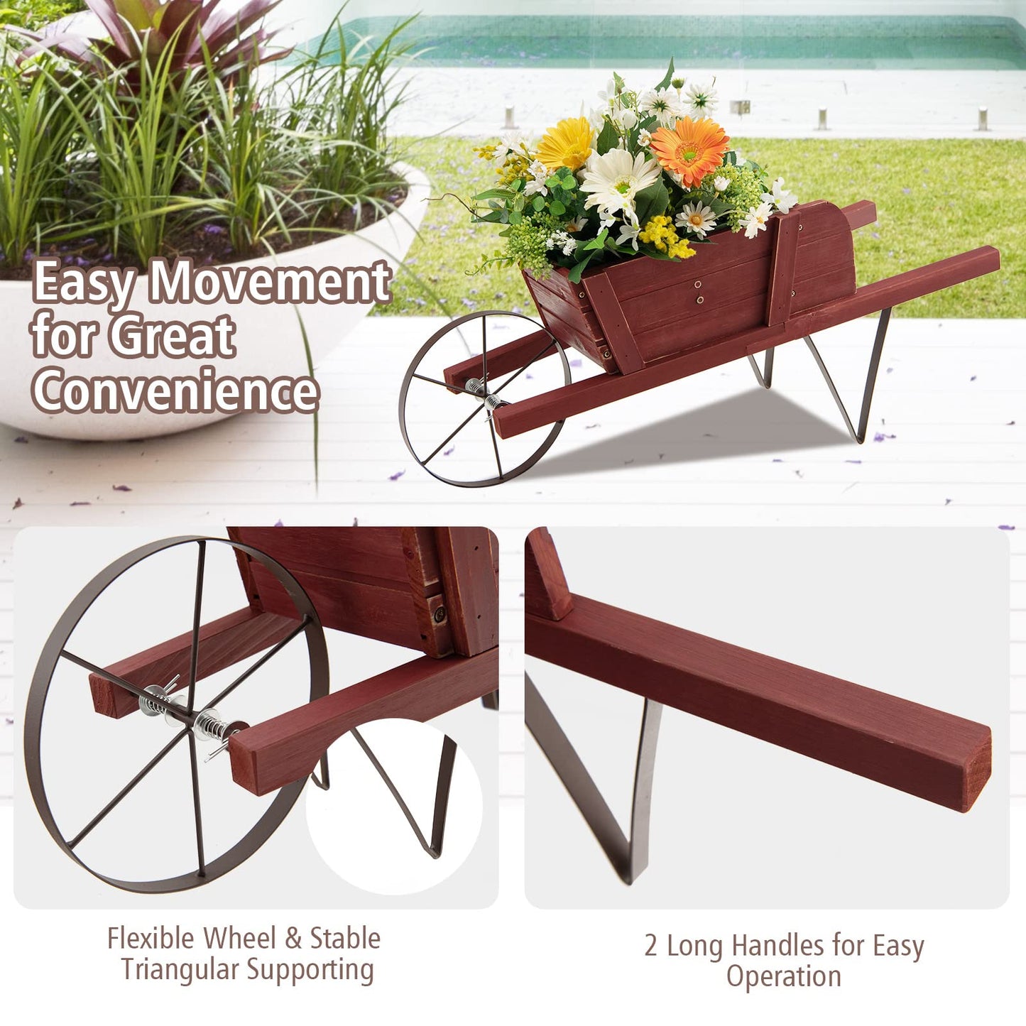 CHEFJOY Wooden Wagon Planter, 27.5"x10.5"x11.5" Wheelbarrow Cart Plant Pot with Halloween Decoration & Metal Supports, Single Wheel Movable Garden Flower Cart Planter for Yard, Backyard (Red)
