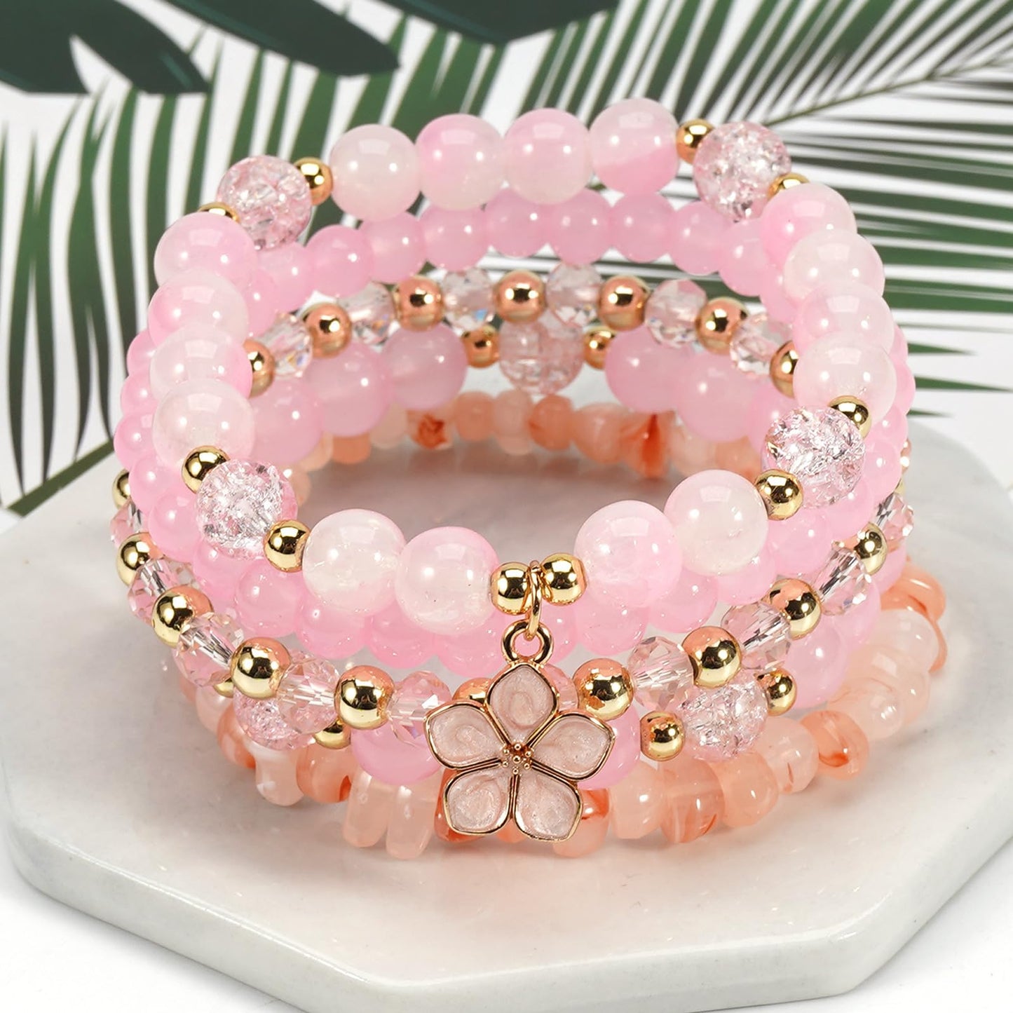 Caiyao 5Pcs Bohemia Multilayer Floewr Crystal Glass Beaded Bracelet Set Colorful Stackable Flower Beaded Friendship Stretch Bracelets for Women Men Summer Beach Boho Hawaii Holiday Jewelry Gifts-Pink