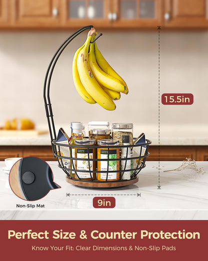 Sevenblue 360°Rotating Fruit Basket for Kitchen Counter with Upgraded Banana Hanger, 2026 Pro Metal Countertop Fruit and Vegetable Basket Bowl Storage with Wooden Non-Slip Base, Black