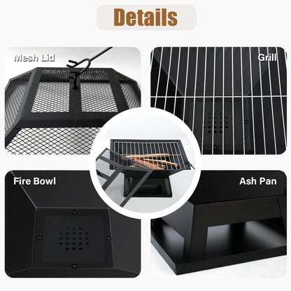 Quilushey 19.8inch Portable Small Fire Pit with a Removable Ash Pan, Fire Poker, Mesh Lid, 2 in 1 Square Outdoor Fireplace for BBQ, Outside Heating, Bonfire Party, Camping, Backyard, Patio, RV Trip