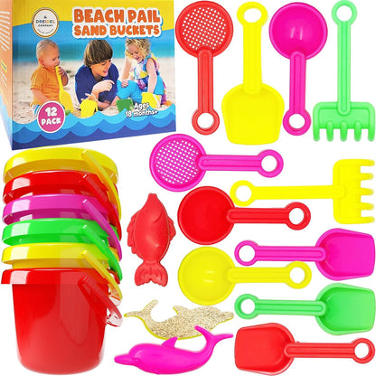 The Dreidel Company Mini Beach Day Playsets, 3.25" Sand Bucket Play Set Box Includes, Pail, Shovel, Rake, Sifter Scoop, Dolphin Fish Sand Trays Toy for Boys and Girls Birthday Party Favor (288-Pack)