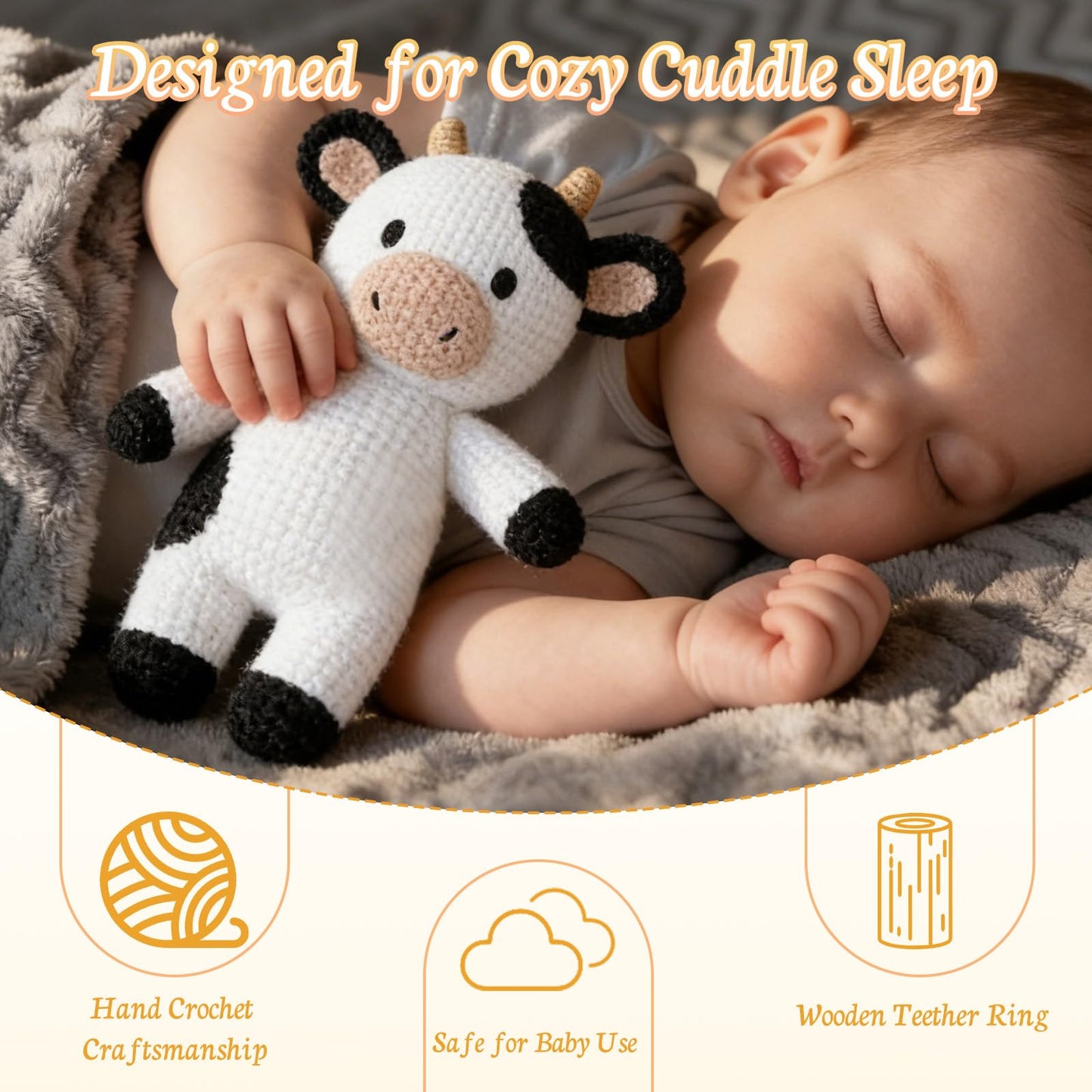 okegztoa 10" Handmade Crochet Cow Stuffed Animal, Baby-Safe Cotton Plush with Rattle, Hypoallergenic Toy for Newborns 0-12 Months, Ideal Baby Shower & 1st Birthday Gift