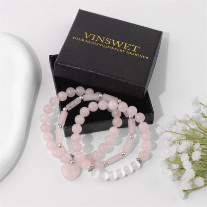 Vinswet Healing Crystal Beaded Bracelets for Women,Natural Rose Quartz Moonstone Gemstones Bracelet,Anxiety Stress Relief Heart Charm Bracelet Handmade pink Jewelry Gifts for Women (3pcs)