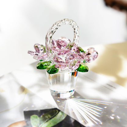 H&D HYALINE & DORA Crystal Pink Flower Basket Figurine,Crystal Gifts for Women, Glass Flower Collectible Figurines for Home Wedding Christmas Decor(with 5 Flowers)