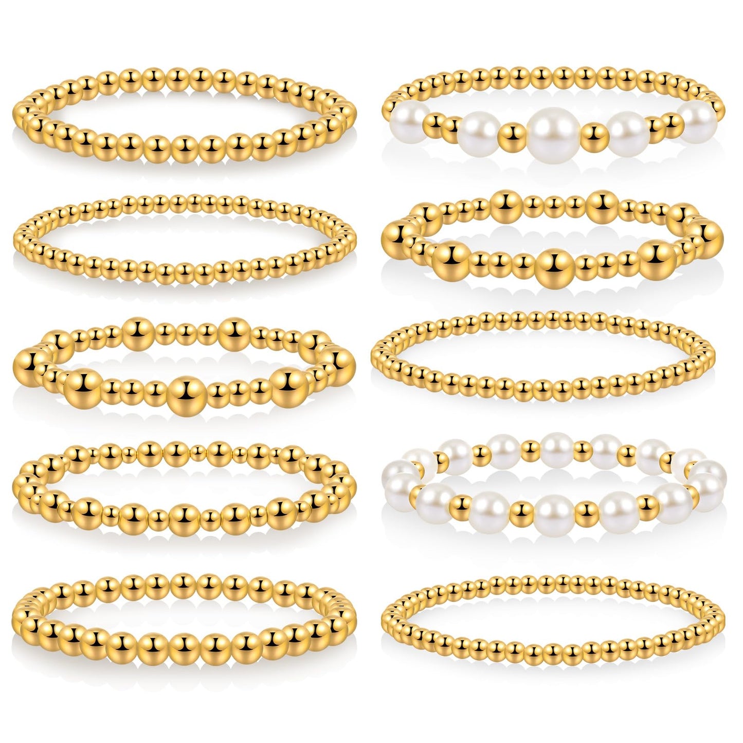 Ecation 10 Pcs Beaded Bracelets for Women Chunky Stacking Plated Bead Ball Stretchable Bracelets Set Natural Pearl Jewelry(Gold)
