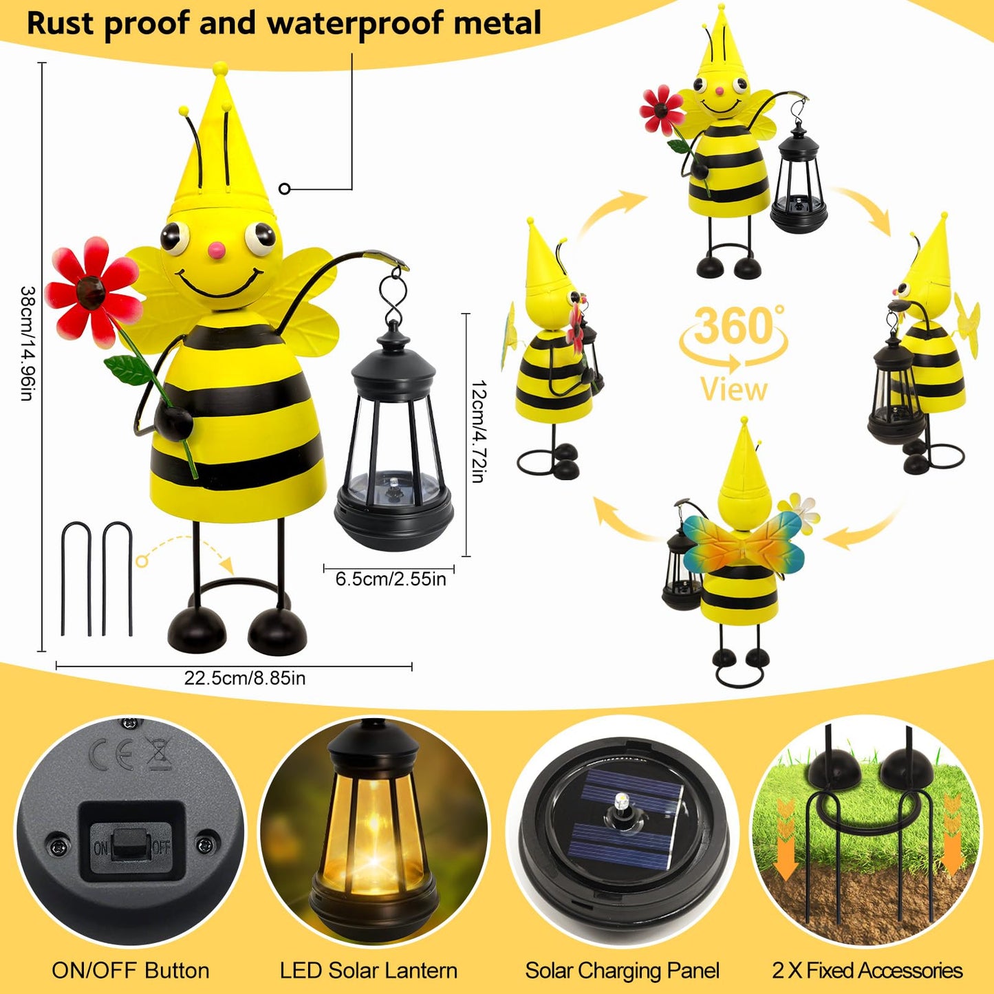 Garden Decor Bee Solar Statues,Unique Garden Statues Bee with Solar Lantern Waterproof, Birthday Gifts for Women Mom Grandma, Front Patio Balcony Yard Art Lawn Ornaments Porch Outdoor Decoration