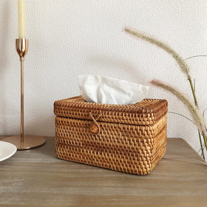 5 Inch Tall Rattan Tissue Box Cover Rectangular with Hinged Top Lid and Bead, Boho Woven Facial Napkin Holder, Decorative Napkin Dispenser Holder Organizer for Dresser Bathroom Décor, Brown
