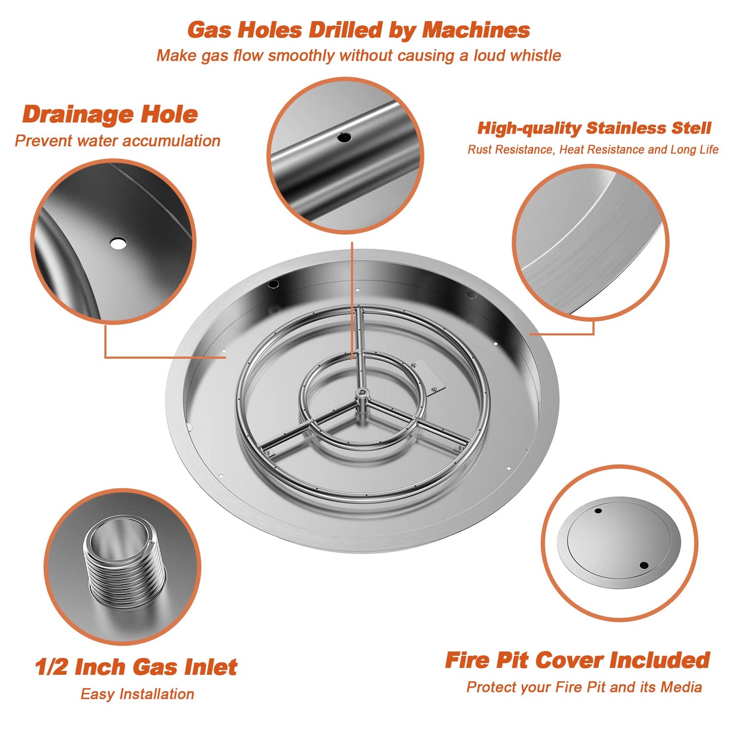 Skyflame 25 Inch Round Stainless Steel Drop-in Fire Pit Pan Fire Bowl with Burner Ring and Protective Cover, DIY Firepit System Assembly Set for Both Natural Gas and Liquid Propane