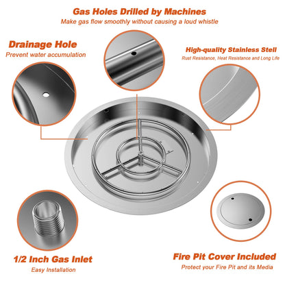 Skyflame 25 Inch Round Stainless Steel Drop-in Fire Pit Pan Fire Bowl with Burner Ring and Protective Cover, DIY Firepit System Assembly Set for Both Natural Gas and Liquid Propane