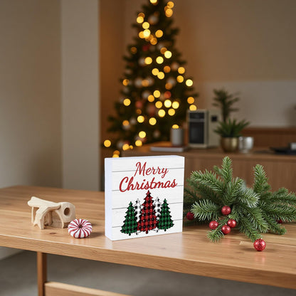 Christmas Decorations Indoor Christmas Decor Table Home Room Buffalo Plaid Tree Office Bathroom Wood Box Sign Rustic Wooden Shelf Desk Decor Season Sign House Warming Gifts 5.9 x 5.9 Inch