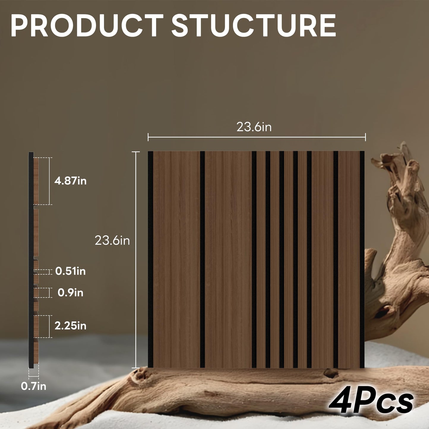 Wall Panels-4-Pack Wood 3D Wall Panels for Wall Decor,High Grille Soundproof Slat Acoustic Panels For Living Room,TV Background,Bedroom,Kitchen,Office,Cinema (23.6 X 23.6,Dark Walnut)