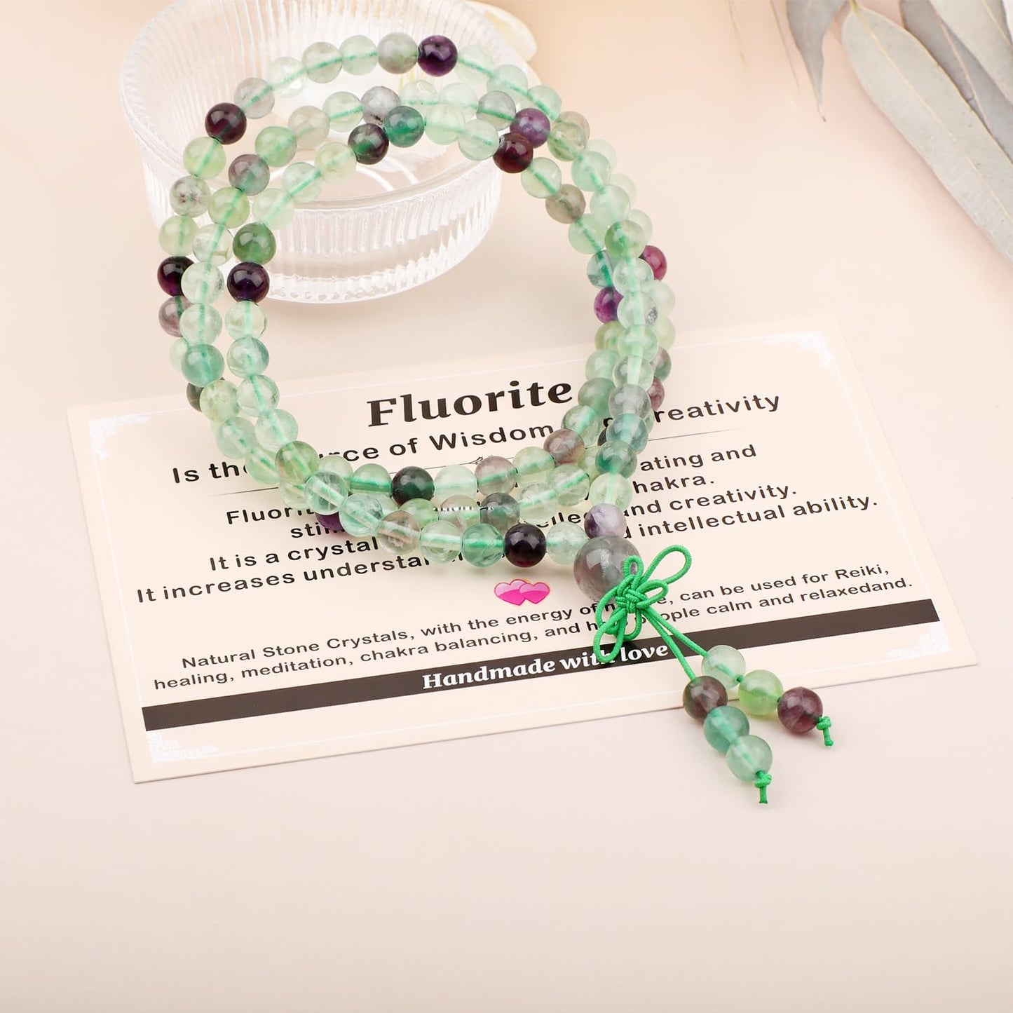 AD Beads 6mm 108 Prayer Mala Fluorite Elastic Bracelet - Wisdom and Creativity - Handmade Yoga Meditation Healing Power Energy Gifts for Unisex Adult.