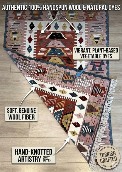 Handmade Turkish Area Rug(YORUK Kilim) - 100% Wool - 2.5x4 ft (31x48 in) Small Area Rug - Muted Earthy Tones, Traditional Geometric Pattern, Boho Decor for Bedroom, Entryway, Office
