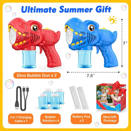 Bubble Machine Gun Kids Toys 2 Pack Rechargeable Bubble Guns with 4 Solutions Bubbles for Kids Toddlers Maker Blower Easter Basket Stuffers Dinosaur Outdoor Toys Valentines Boys Girls
