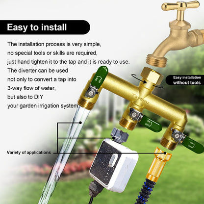 Yayamz Heavy-Duty Brass Garden Hose Divider - 3/4-inch GHT Threaded Tee with Shut-Off Valve, Water Flow Divider for High-Pressure and High-Flow Faucet Adapter, Metal Handle with Green Rubber