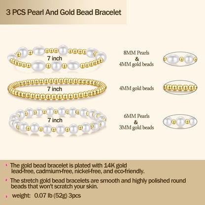 Gold Pearl Bracelets for Women Baroque Beaded Stackable14K Gold Plated Stretch Bead Ball Bracelet Jewelry Gifts （3PCS)