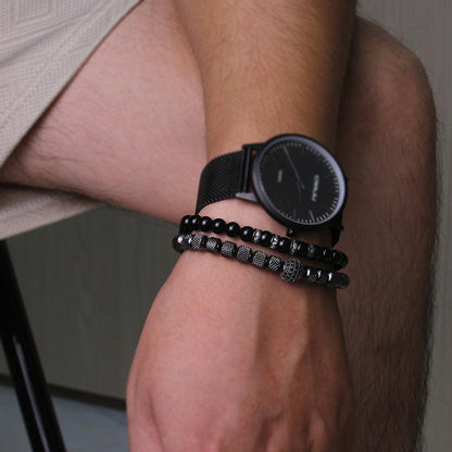 Men's Beaded Bracelets - 6mm Obsidian Stainless Steel Bracelet With Cubic Zirconia Beads - Adjustable Bracelet Set for Couples, Boyfriend, Husband (Black)