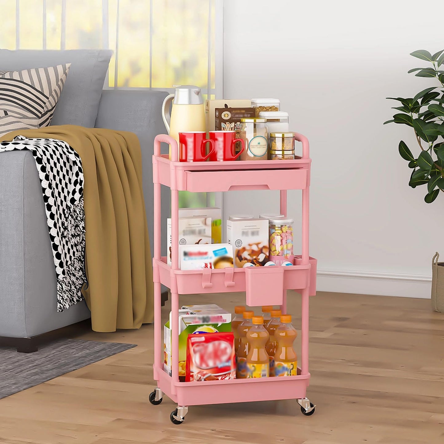 LLMRR 3 Tier Rolling Utility Cart with Drawer, Plastic Storage Organizer Rolling Carts with Wheels Handles Hanging Cups Hooks for Office, Bathroom, Kitchen,Craft Art Room (Pink)