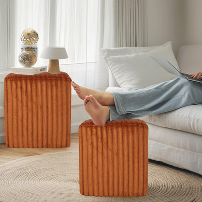 YDcosyfy Modern Square Ottoman, Vertical Channel Tufted Foot Stool Ottoman, Velvet Upholstered Vanity Stool for Makeup, Bedroom, Living Room, Dark Orange