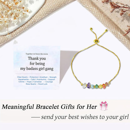 Women Gang Spell Raw Crystal Bracelet,Natural Gemstone 7 Chakra Healing Crystal Bracelets Adjustable 14K Gold Plated Spiritual Beaded Bracelet for Birthday,Christmas, Friends Coworkers Daughter (Silver)
