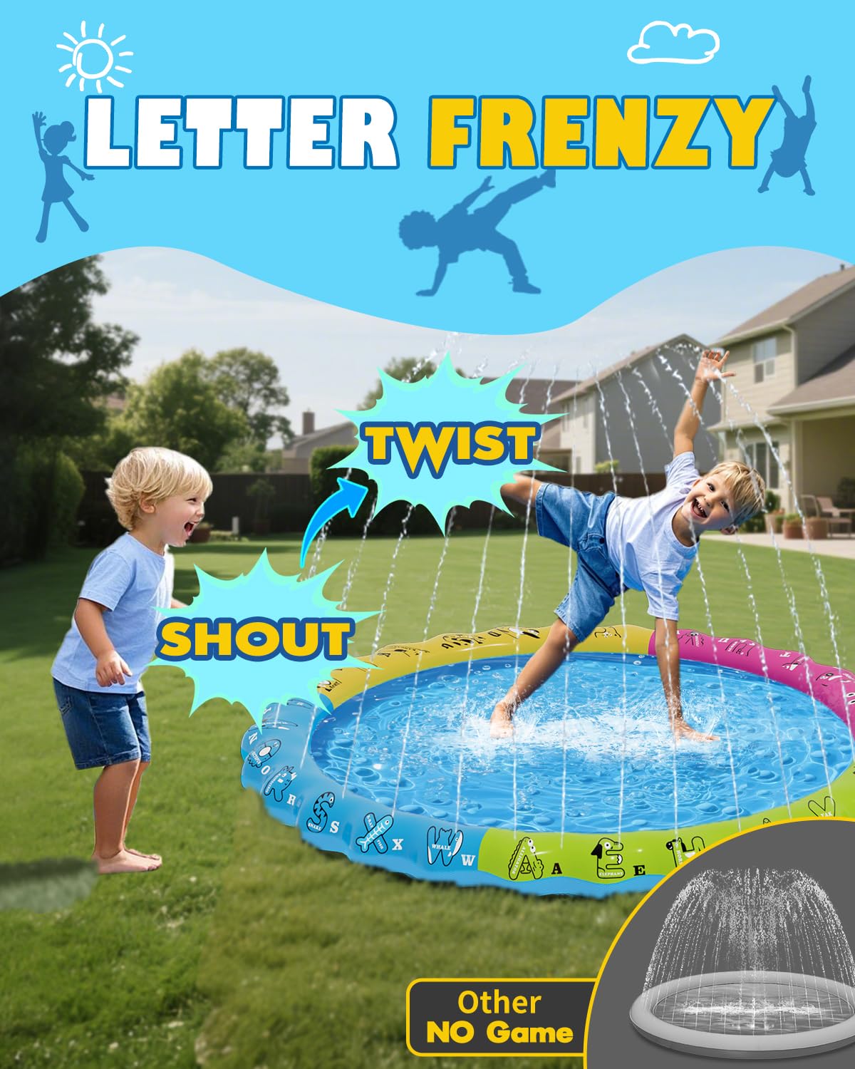 67" 3-in-1 Non-Slip Splash Pads for Toddlers 1-3 & Kids Ages 4-8, Baby Learning Pool, Sprinkler for Kids Summer Outdoor Water Toys, Game Mat with A-Z Letters