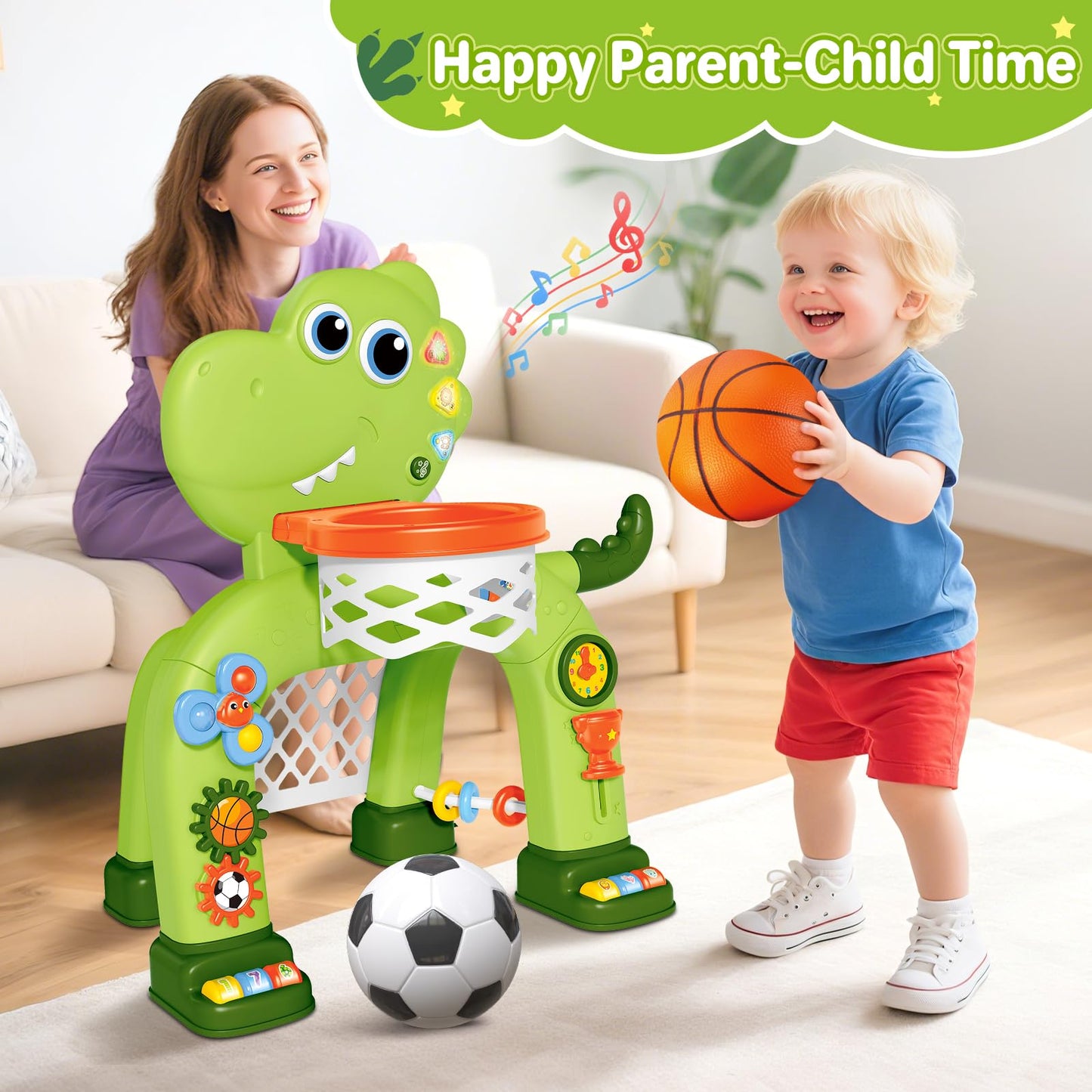 AuroTops Toddler Basketball Hoop & Soccer Goal Toy,Dinosaur Toys with Light & Music,Musical Toys for 1 Year Old Boy Girl Learning Toy for Toddlers 1-3 Birthday Gifts for 1 Year Old Boys