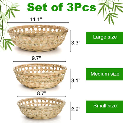 ZENFUN 3 Packs Round Woven Bread Basket, Bamboo Serving Trays, Handwoven Baskets Fruit Basket, Rattan Serving Baskets for Daily Dinning, Kitchen Organization, Stackable