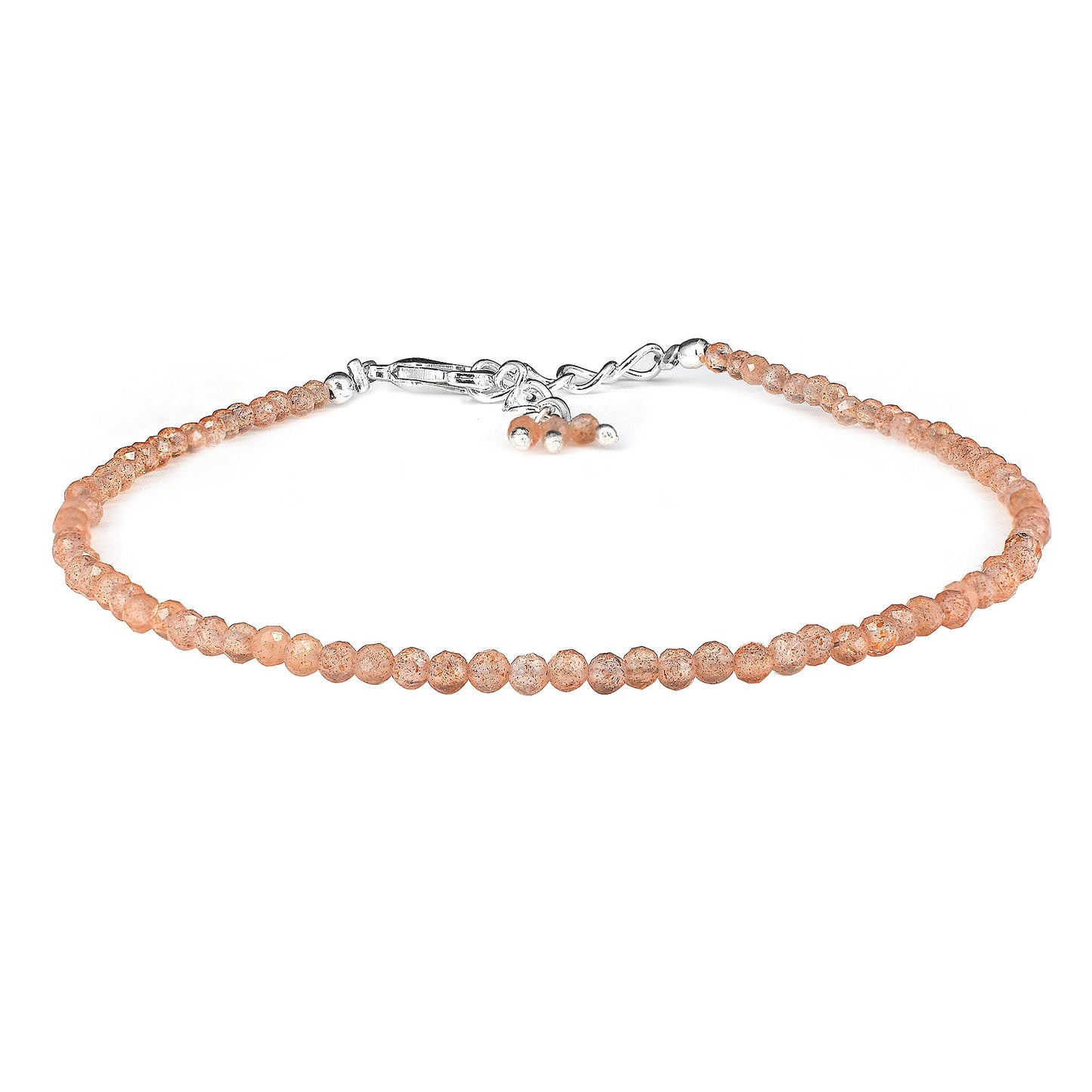 Gempires Handmade Sunstone Gemstone Beaded Bracelet for Women | 2.4–2.5 mm Faceted Natural Stone | Adjustable 7+1 Inch Silver Plated Chain | Dainty Minimalist Stacking Jewelry | Orange Sparkle Stone Gift