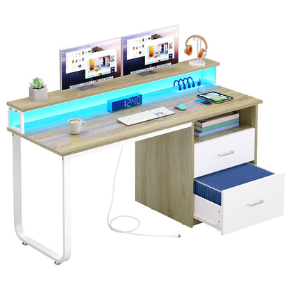 DWVO Computer Desk with Drawers, 47.2" Office Desk with Power Outlets & LED Light, Home Office Desk with Storage Shelves, White & Oak