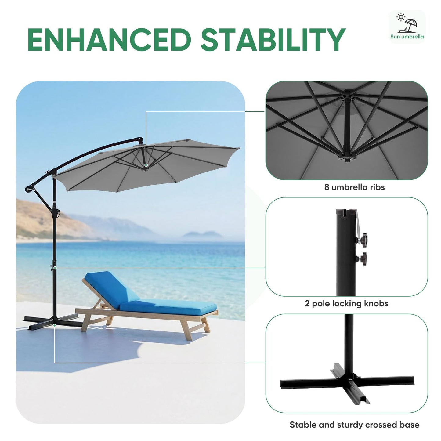 NEWBULIG 10FT Patio Umbrella, Offset Cantilever Outdoor Patio Table Umbrella, UV Protection, Fade Resistant Fabric, Easy Tilt Adjustment for Pool, Deck, Garden, Backyard, Gray