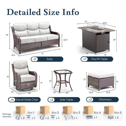 Belord Luxury 6" Thick Cushioned 10 Pieces Patio Furniture Set with Fire Pit Table, Wicker Outdoor Conversation Set with High Back Swivel Rocker Chairs for Deck Porch Yard and Poolside - Brown+Beige