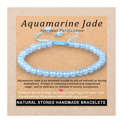 AD Beads 4mm Aquamarine Jade - Spiritual Purification - Handmade Natural Stone Crystal Bracelet with Adjustable Macrame String - Yoga Healing Power Energy Gifts for Men and Women