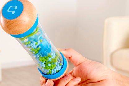 Hape Beaded Raindrops | Mini Wooden Musical Shake & Rattle Rainmaker Toy, Blue, Model Number: E0328B