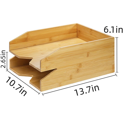 Pumtus 2 Tiers Paper Tray, 14 x 11 in Bamboo Letter Tray, Office Desk File Holder, Large Mail Document Organizer, Study Workstation Storage Rack for A4 Paper, Magazine, Envelopes, Office Supplies
