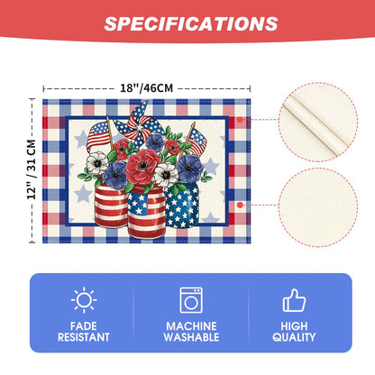 Artoid Mode Buffalo Plaid Vases Flowers 4th of July Placemats Set of 4, 12x18 Inch Seasonal Holiday Table Mats for Party Kitchen Dining Decoration