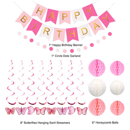 meowtastic Birthday Decorations, Happy Birthday Banner with Honeycomb Balls, Butterfly Hanging Swirl Streamers, Circle Dots Garland, Happy Birthday Party Decorations for Women Girls (Pink & White)