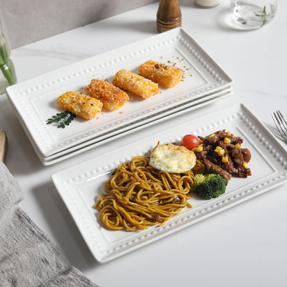 Feenmai 14 inch Ceramic Serving Platter - Rectangular Serving Trays Set of 4, Large Embossed Plates, Porcelain White Platters for Steak, Appetizer, Dessert, Tacos, Housewarming, Oven Dishwasher Safe