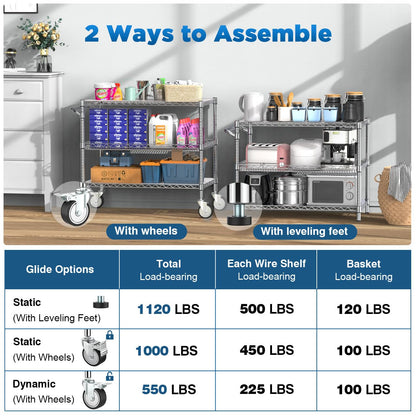 Leteuke Heavy Duty Rolling Utility Cart, 45 Inch Kitchen Carts with Wheels, NSF Commercial Grade with Handle & Shelf Liners, 1120LBS Storage Cart for Kitchen,Restaurant,Plant Display-Chrome